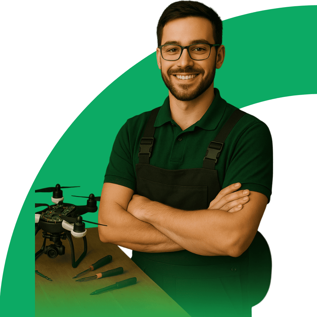 hombre con polo verde junto a una mesa de trabajo con uin dron DJI