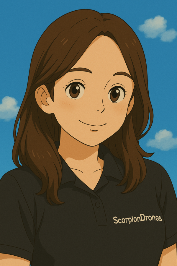 Integrante de la empresa de drones en México Scorpion Drones, vestida con camisa corporativa negra y fondo de cielo azul con nubes.