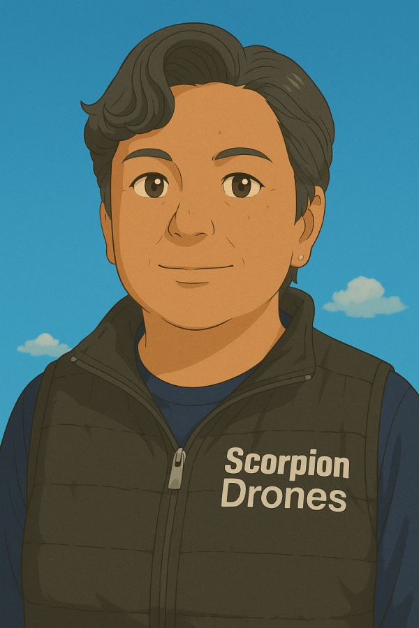 jefa de piso de empresa de drones en México con chaleco negro de Scorpion Drones, posando frente a un cielo azul como parte del equipo técnico.