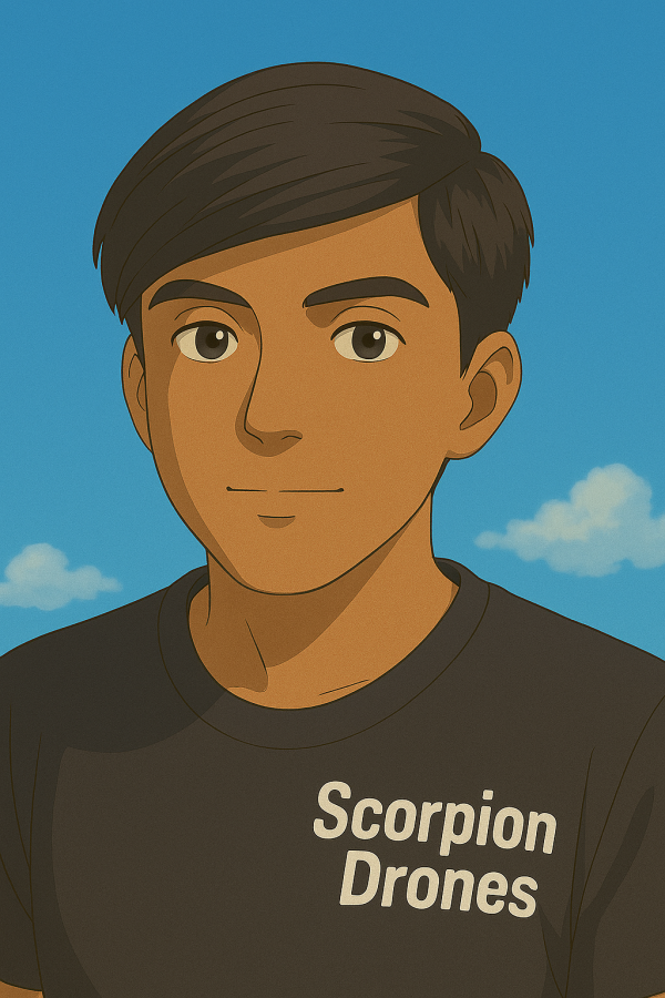 Joven técnico con camiseta de Scorpion Drones, representando a una empresa de drones en México, posando bajo un cielo azul con nubes ligeras.