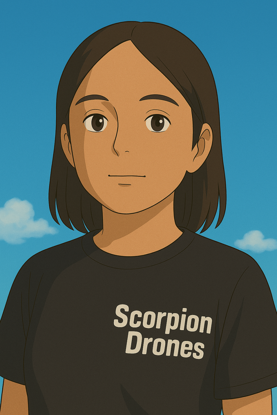 Técnica especializada realizando pruebas en equipo de una empresa de drones en México, con camiseta de Scorpion Drones y cielo azul de fondo.