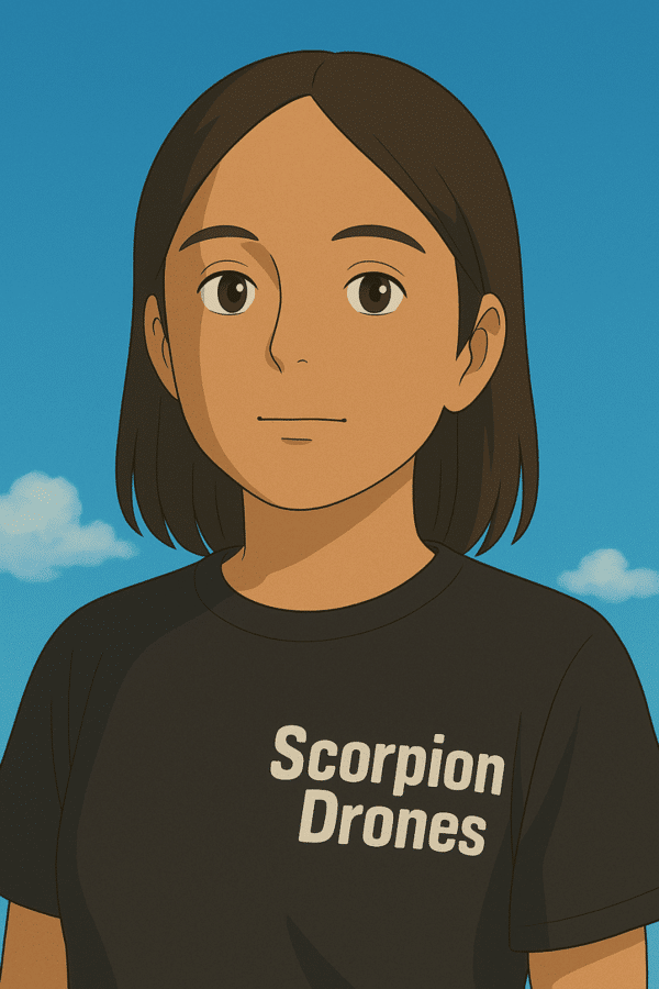 Técnica especializada realizando pruebas en equipo de una empresa de drones en México, con camiseta de Scorpion Drones y cielo azul de fondo.