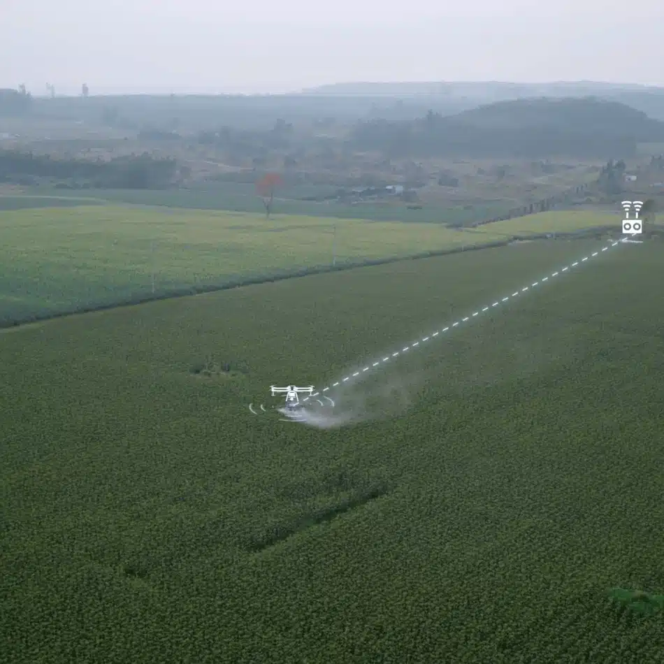 ilustracion ejemplificando una conexion estable del dji agras t70p en un campo de cultivo , la toma es completamente abierta