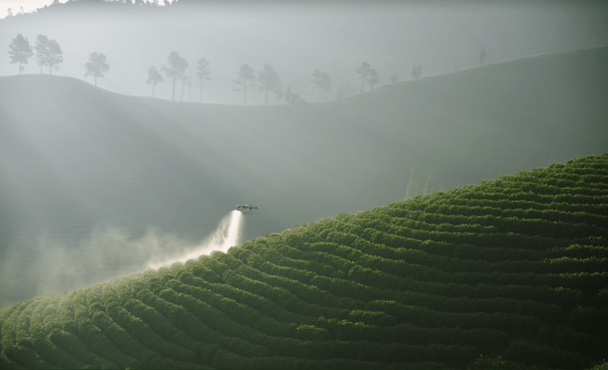 dos drones dji agras t25 fumigando un campo de cultivo