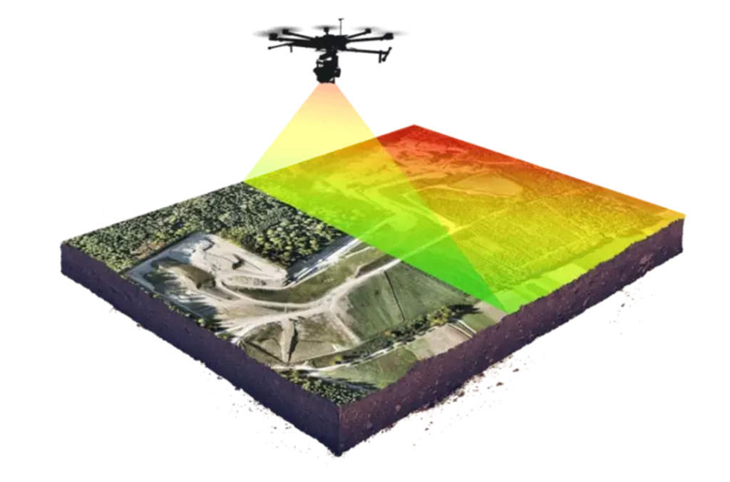ejemplificacion de dron LIDAR realizando inspeccion de terreno como labor de topografía