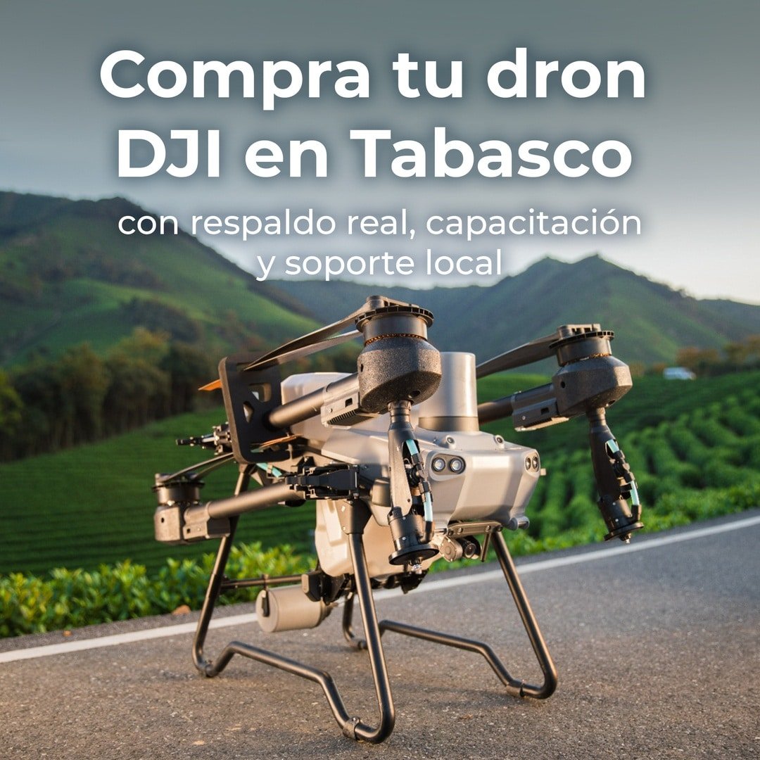Dron DJI para agricultura en Tabasco listo para volar, con cultivo y puesta de sol al fondo