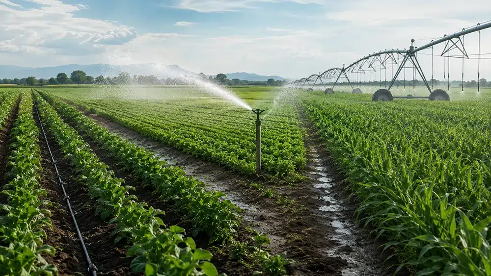 Tipos de riego agrícola por goteo, aspersión y pivote central en diferentes cultivos